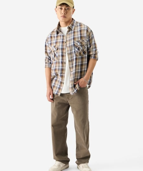 Plaid Brown Bisque Men Utility Shirts