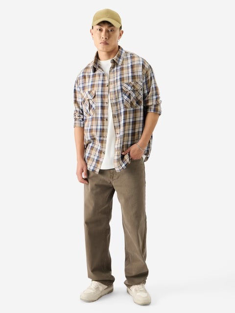 Plaid Brown Bisque Men Utility Shirts