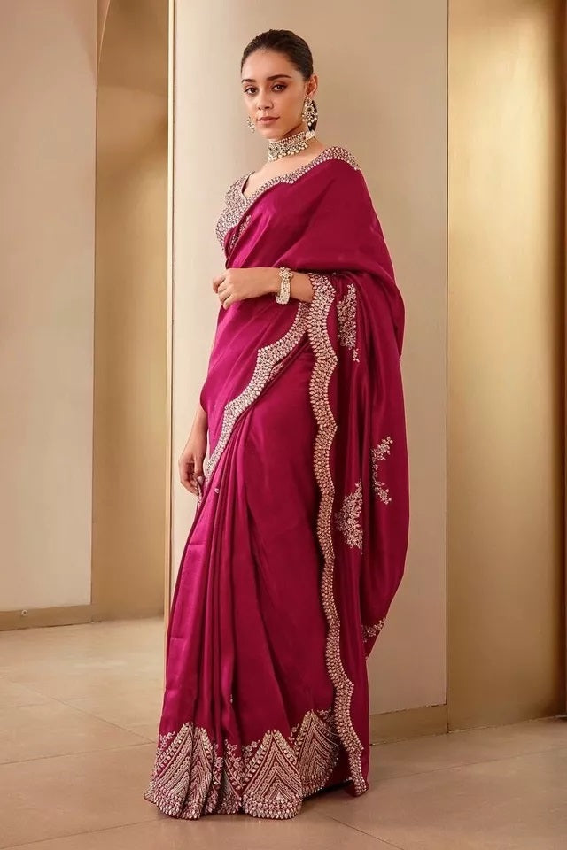 Soft Vichitra Silk With Fancy Thread Work & Sequence Work Saree With Blouse