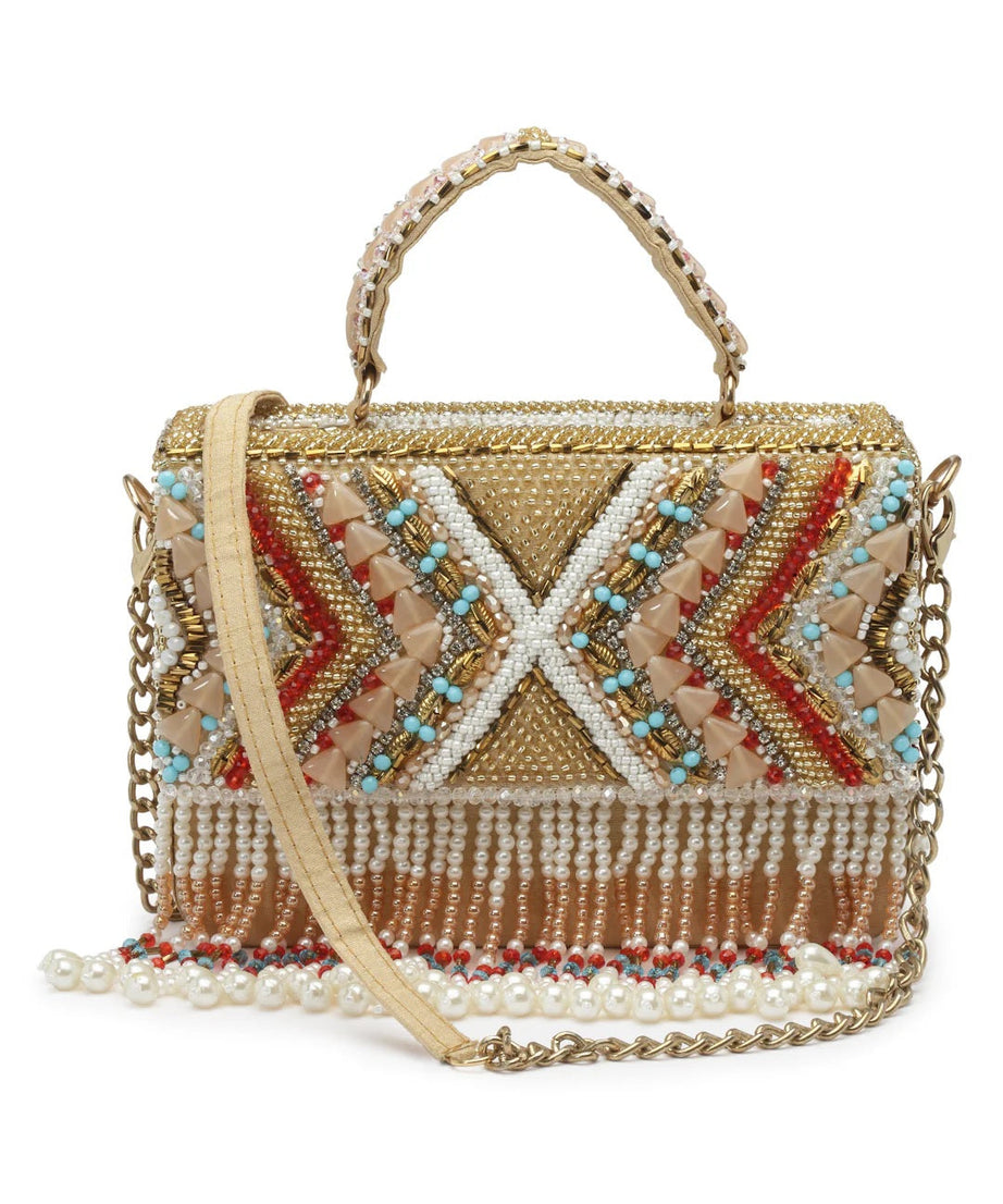 Dangle Bead Work Embellished Faux Silk Clutch