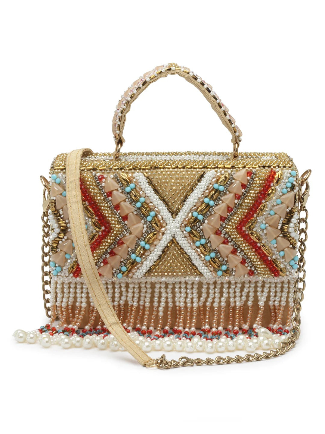 Dangle Bead Work Embellished Faux Silk Clutch