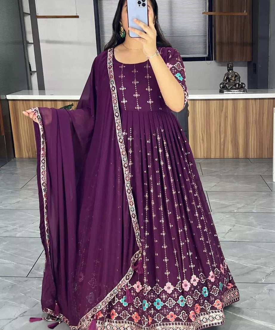 Georgette With Heavy Embroidery Work Long Anarkali Gown Dupatta