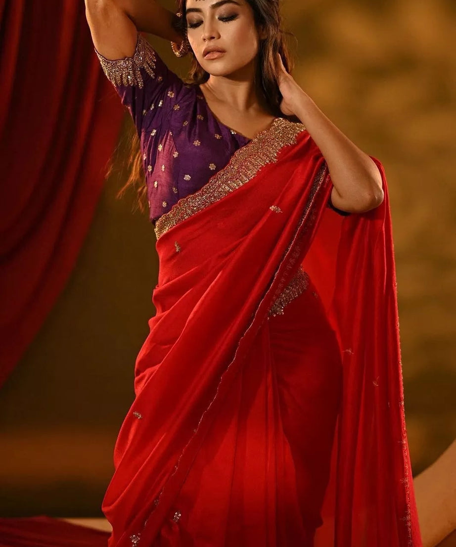 Rich Soft Georgette Fabric With Golden Tunic Sequence Work Saree With Blouse