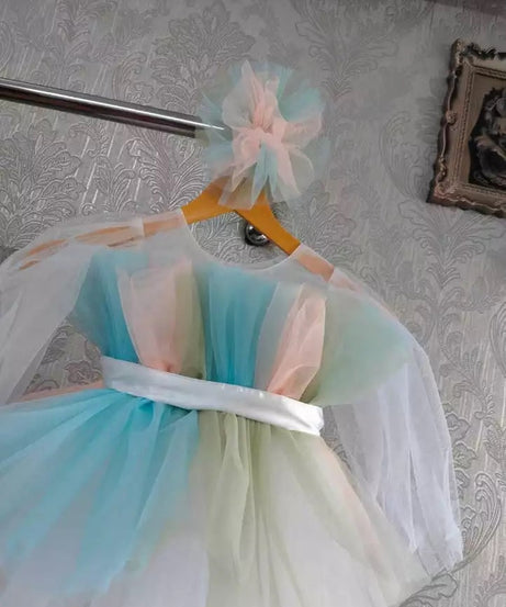 Little Girl's Net Full Flair With Multi Color Dress