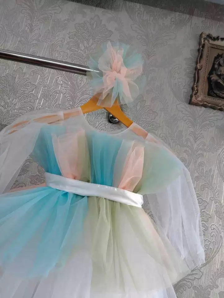 Little Girl's Net Full Flair With Multi Color Dress
