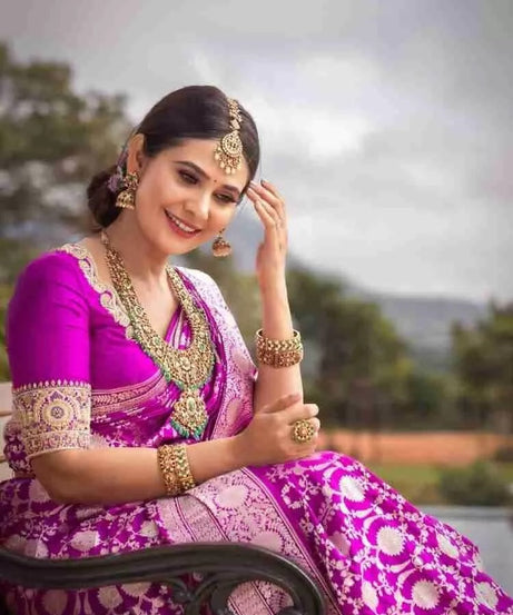 Red Violet Traditional Banarasi Soft Silk Saree With Blouse