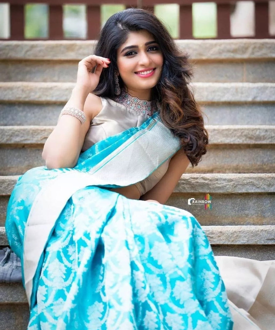 Sky Blue Latest Designer Exclusive Wedding Saree With Blouse