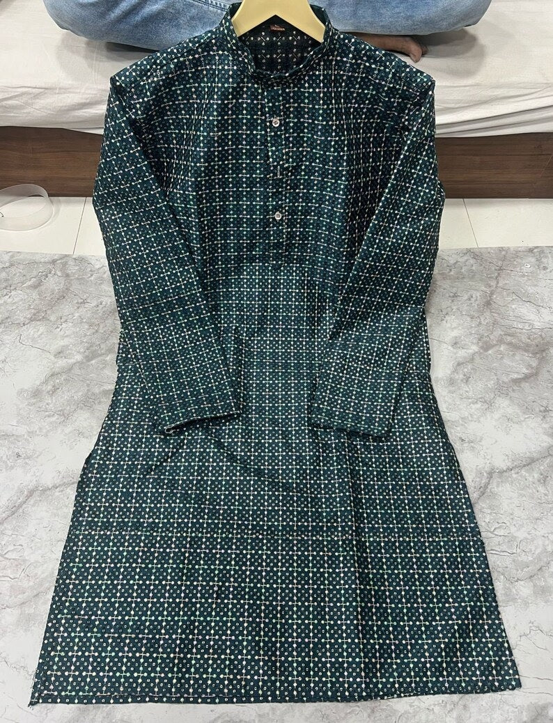 Men's Heavy Banglori Silk With Embroidery Sequence Work Kurta Pajama Set
