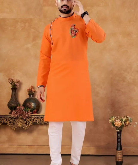 Men's Slub Cotton Kurta Pajama Set, Traditional Wedding Wear Long Kurta Set