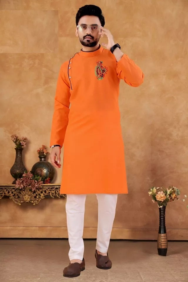 Men's Slub Cotton Kurta Pajama Set, Traditional Wedding Wear Long Kurta Set