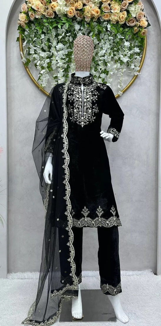 Velvet Fabric Sequence Work Top & Pant Dupatta