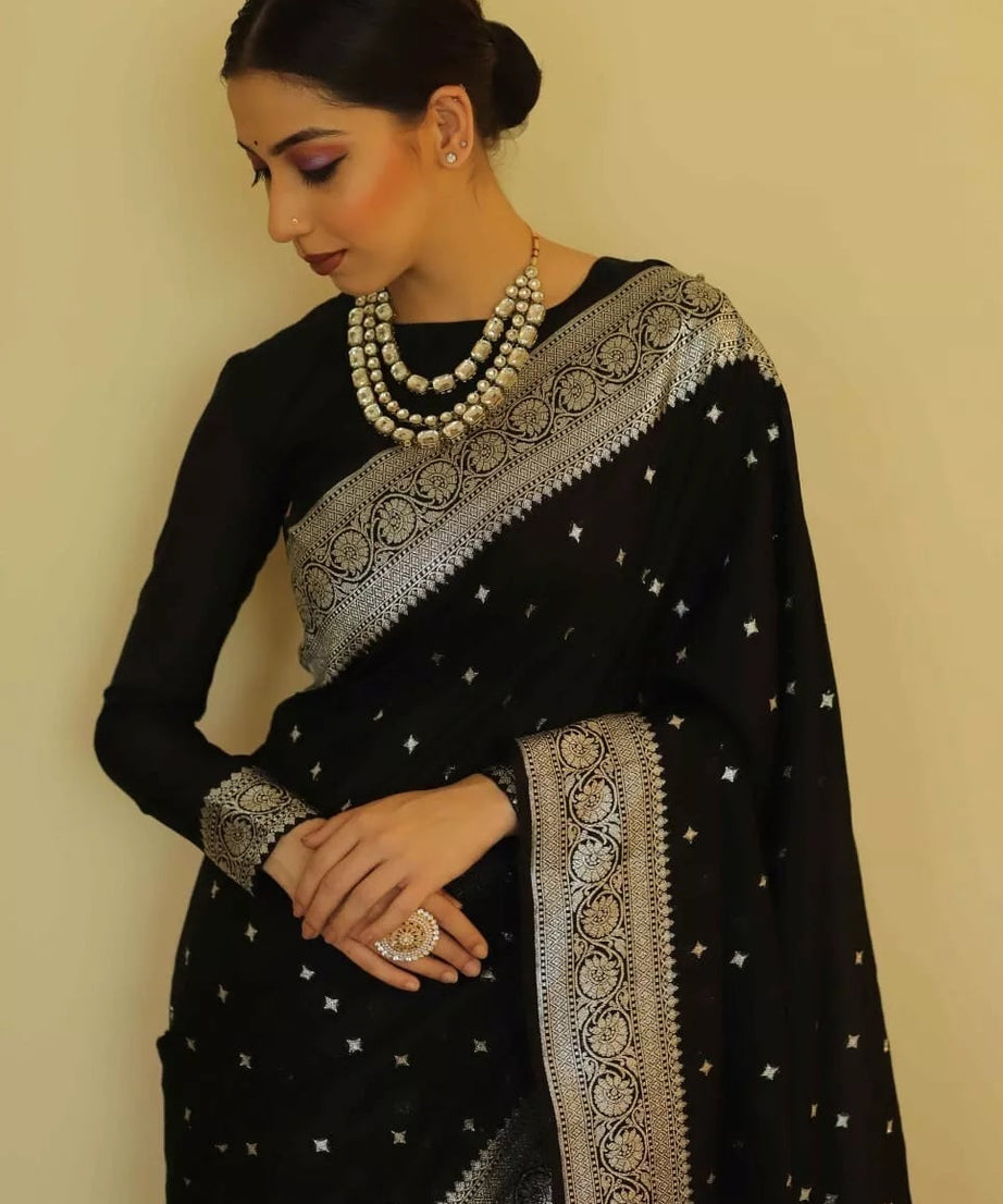 Black Designer Banarasi Soft Silk Saree & Blouse