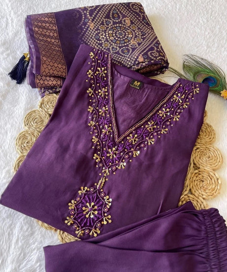 Premium Roman Silk Full Stitched Top Pant & Dupatta