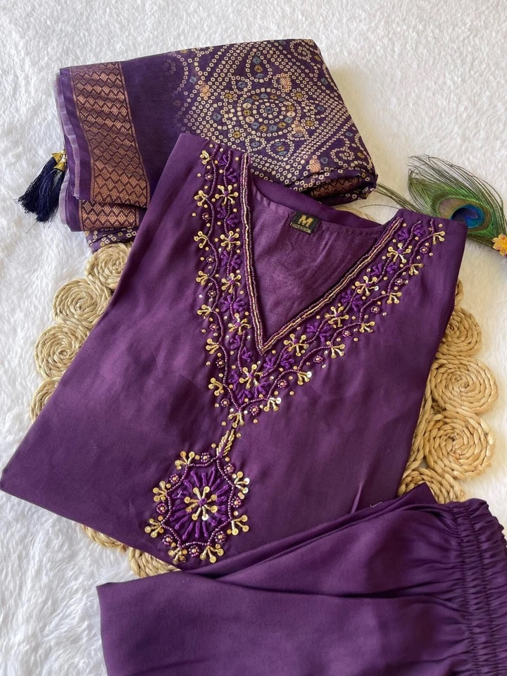Premium Roman Silk Full Stitched Top Pant & Dupatta