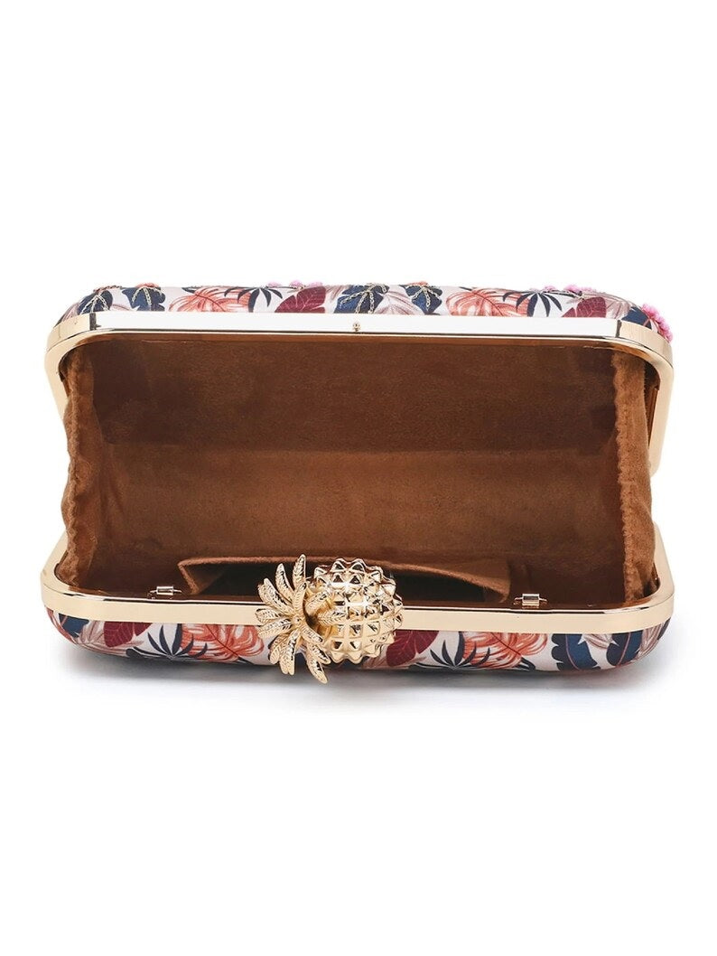New Printed Satin Botanical Embroidered Clutch