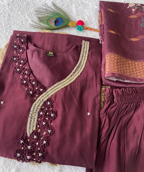 Trending Women's wear Full Stitched Premium Roman SilkTop Pant & Dupatta Set