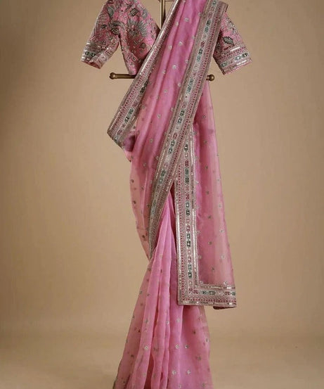 Pink Heavy Soft Tissue Organza Silk Saree, Wedding Wear Sari With Blouse
