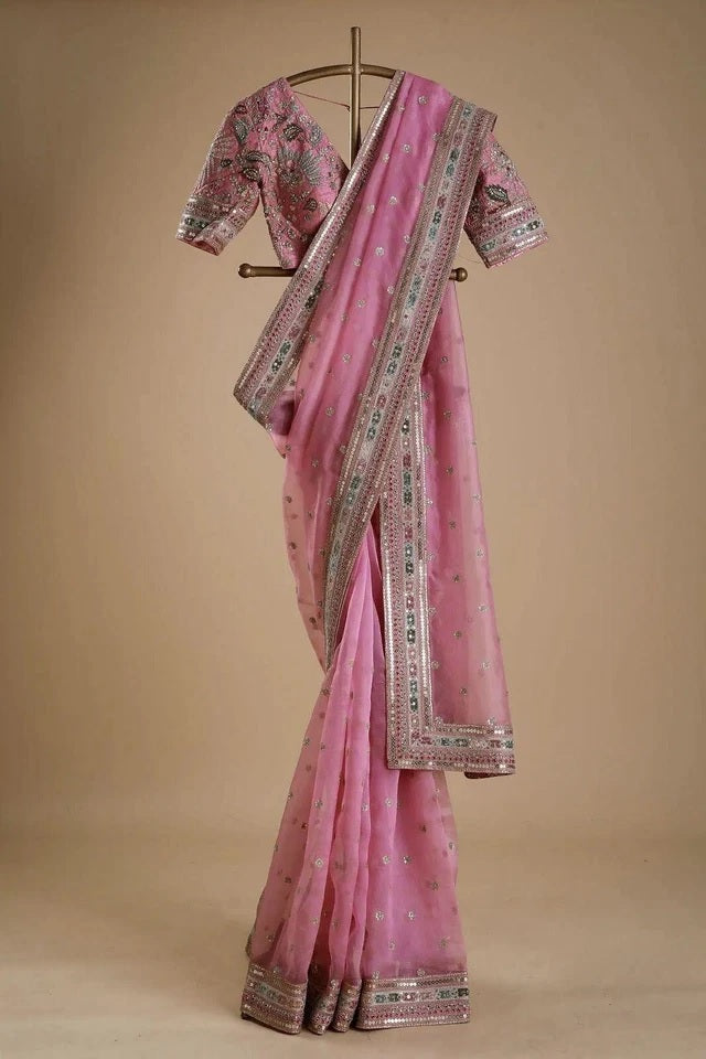 Pink Heavy Soft Tissue Organza Silk Saree, Wedding Wear Sari With Blouse