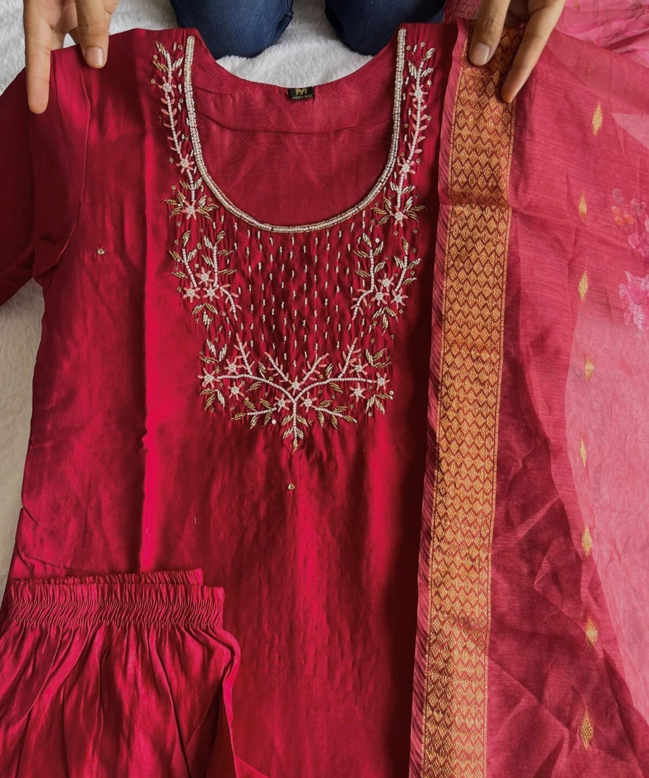 Premium Roman Silk Designers Kurti Pent Dupatta Set