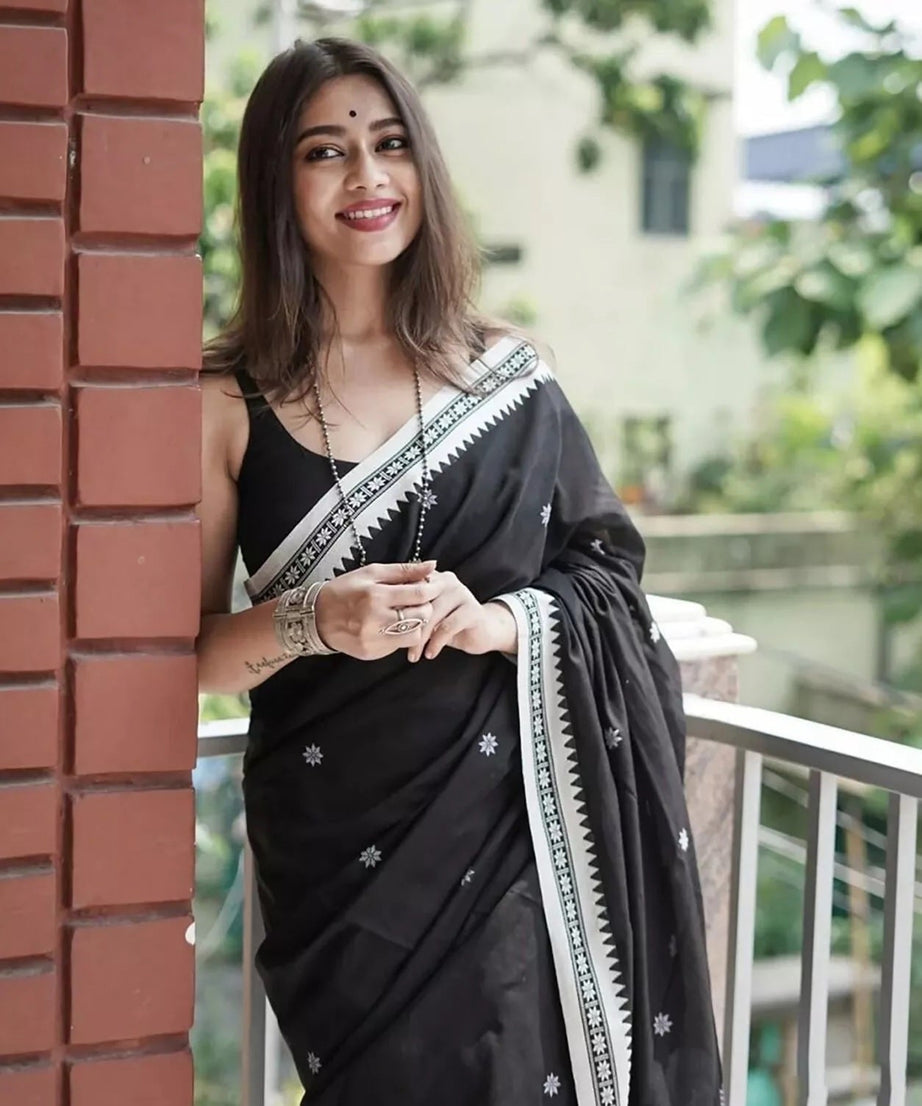 Black Soft Linen Slub Designer Saree,Classic Sari Blouse