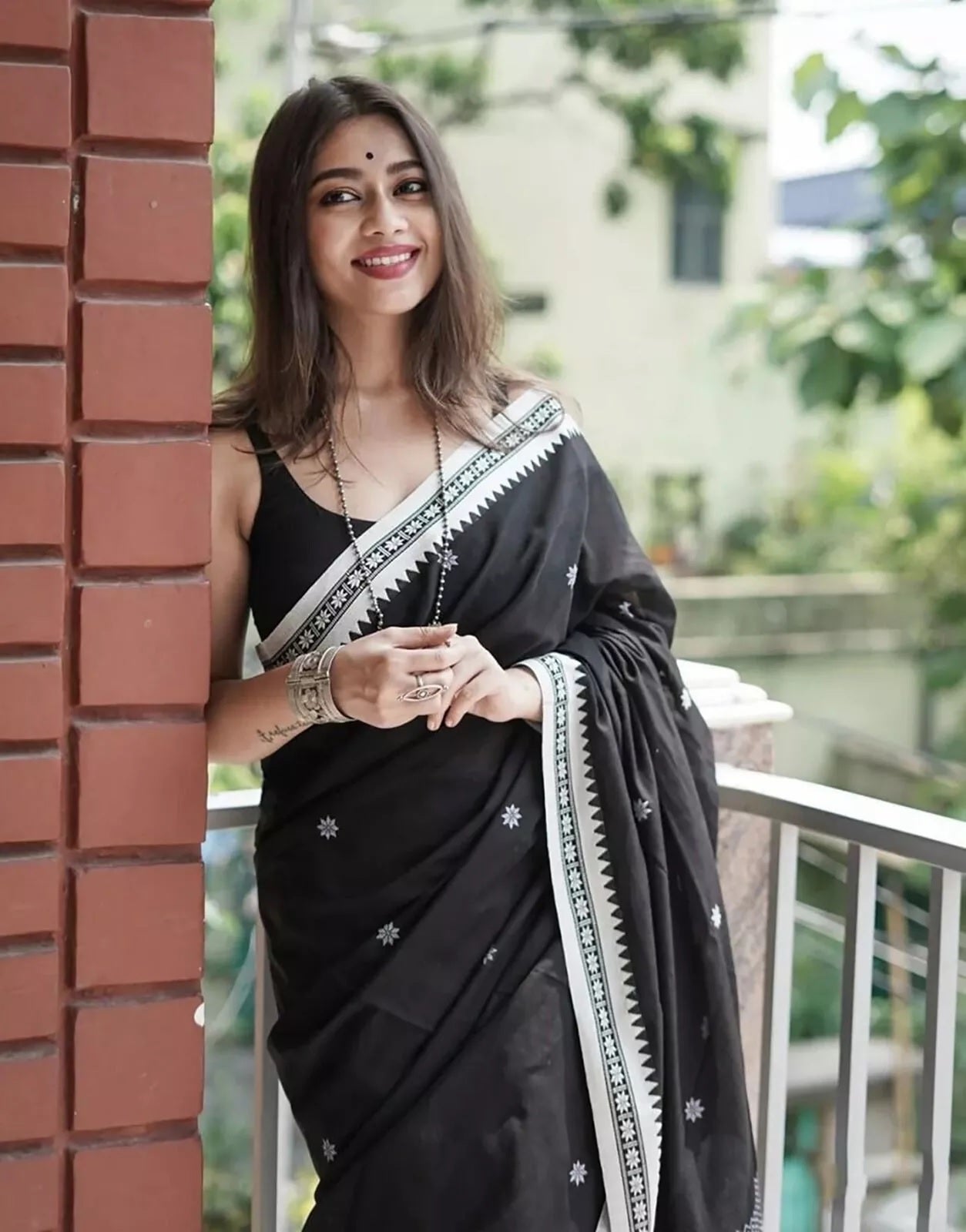 Black Soft Linen Slub Designer Saree,Classic Sari Blouse