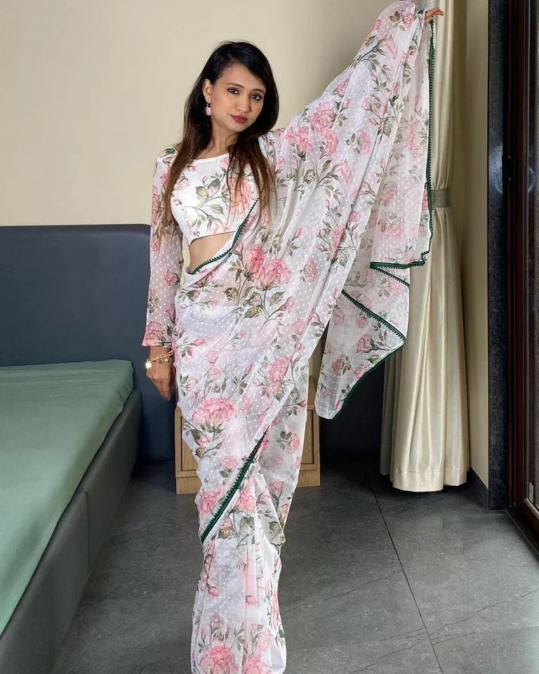 Pure Soft Georgette Silk Ready To Wear Sari With Blouse