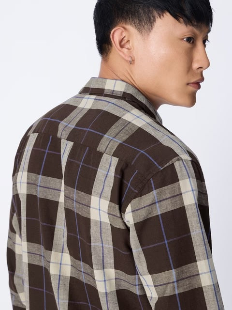 Checks Mocha Cotton Linen Shirts