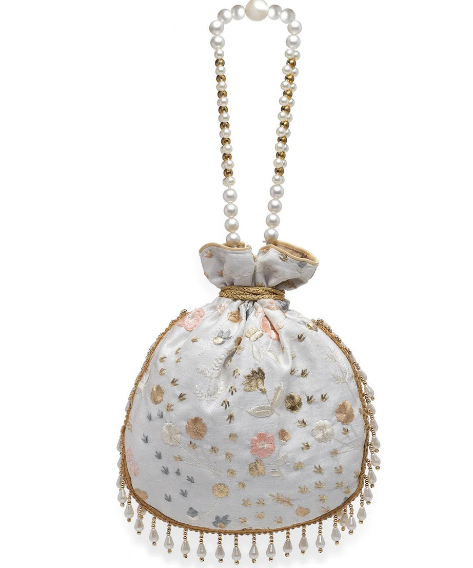 Droop Floral Embroidered Faux Silk Potli Bag
