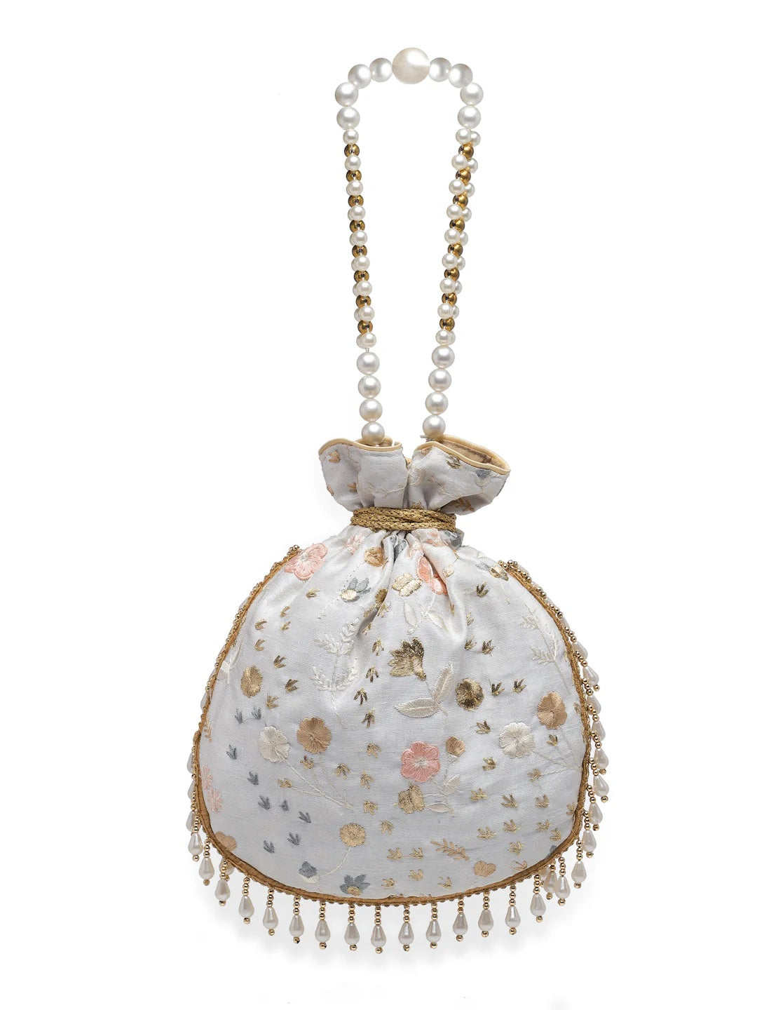 Droop Floral Embroidered Faux Silk Potli Bag