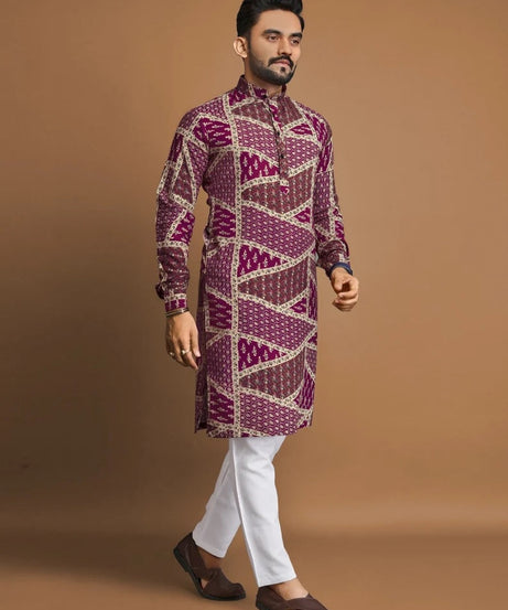 Men's Soft Cotton Foil Print Designer Kurta Pajama Set