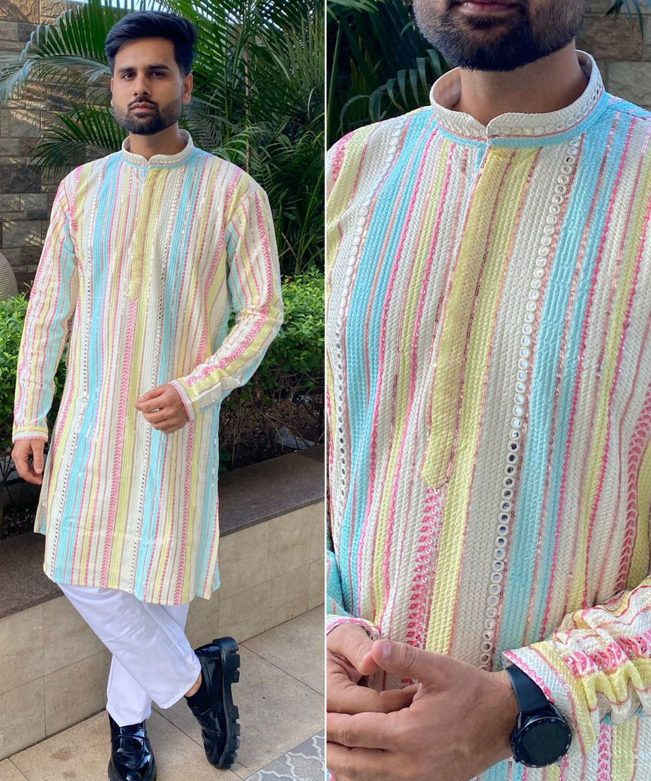 Men\s Heavy Georgette With Heavy Embroidery Work Kurta Pajama Set