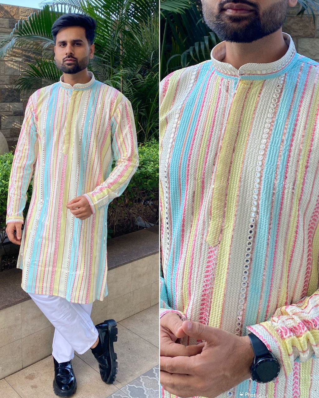 Men\s Heavy Georgette With Heavy Embroidery Work Kurta Pajama Set