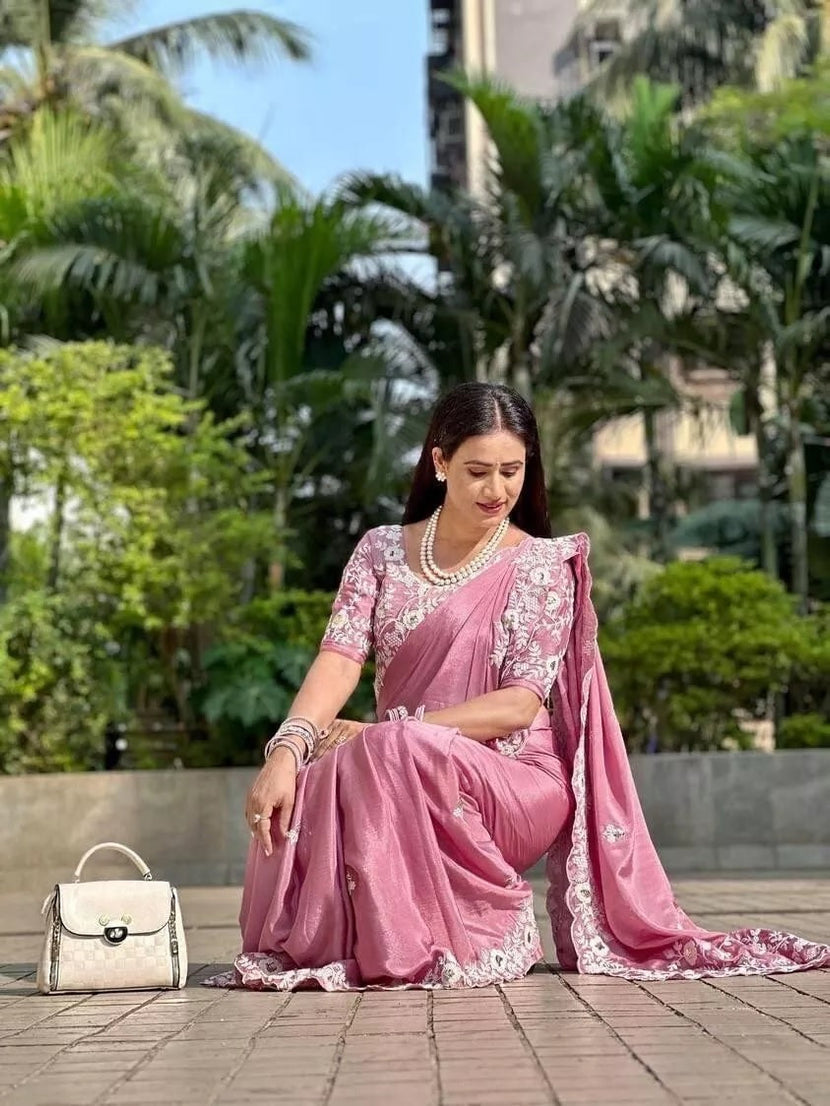 Pink Pure Chinon Silk With Embroidery Work Sari & Blouse