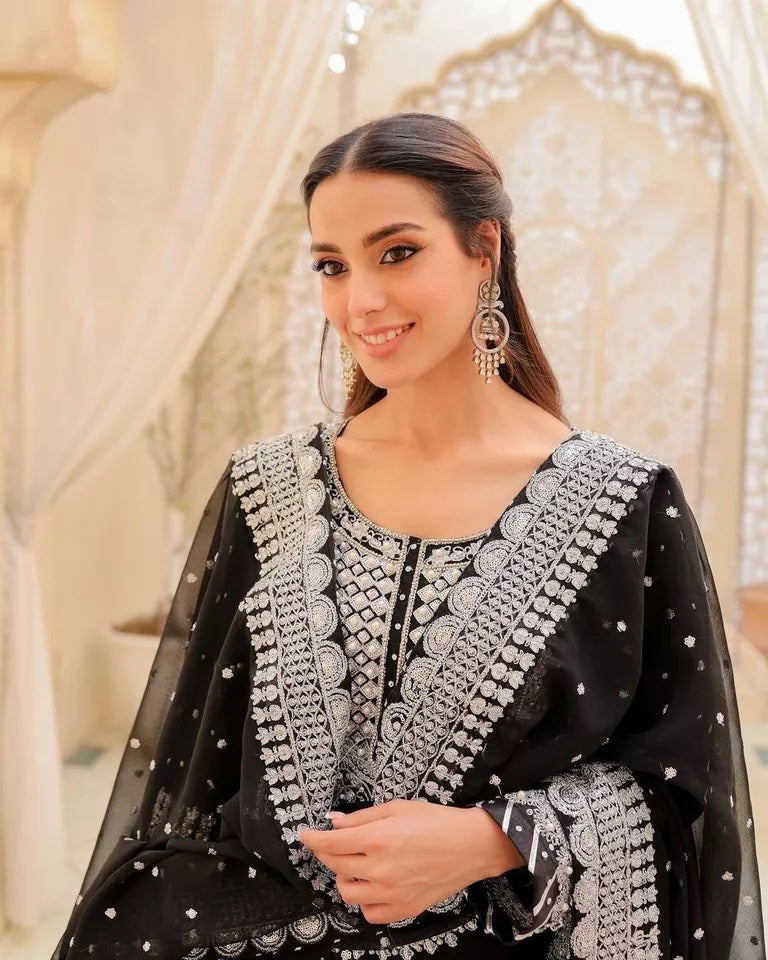 Bollywood Style Faux Georgette Top Sharara With Dupatta