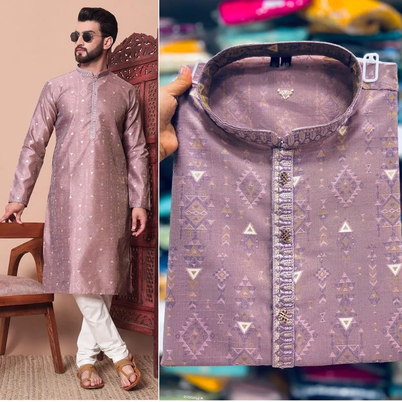 Heavy Silk Jacquard With Embroidery Kurta Pajama Set For Men's