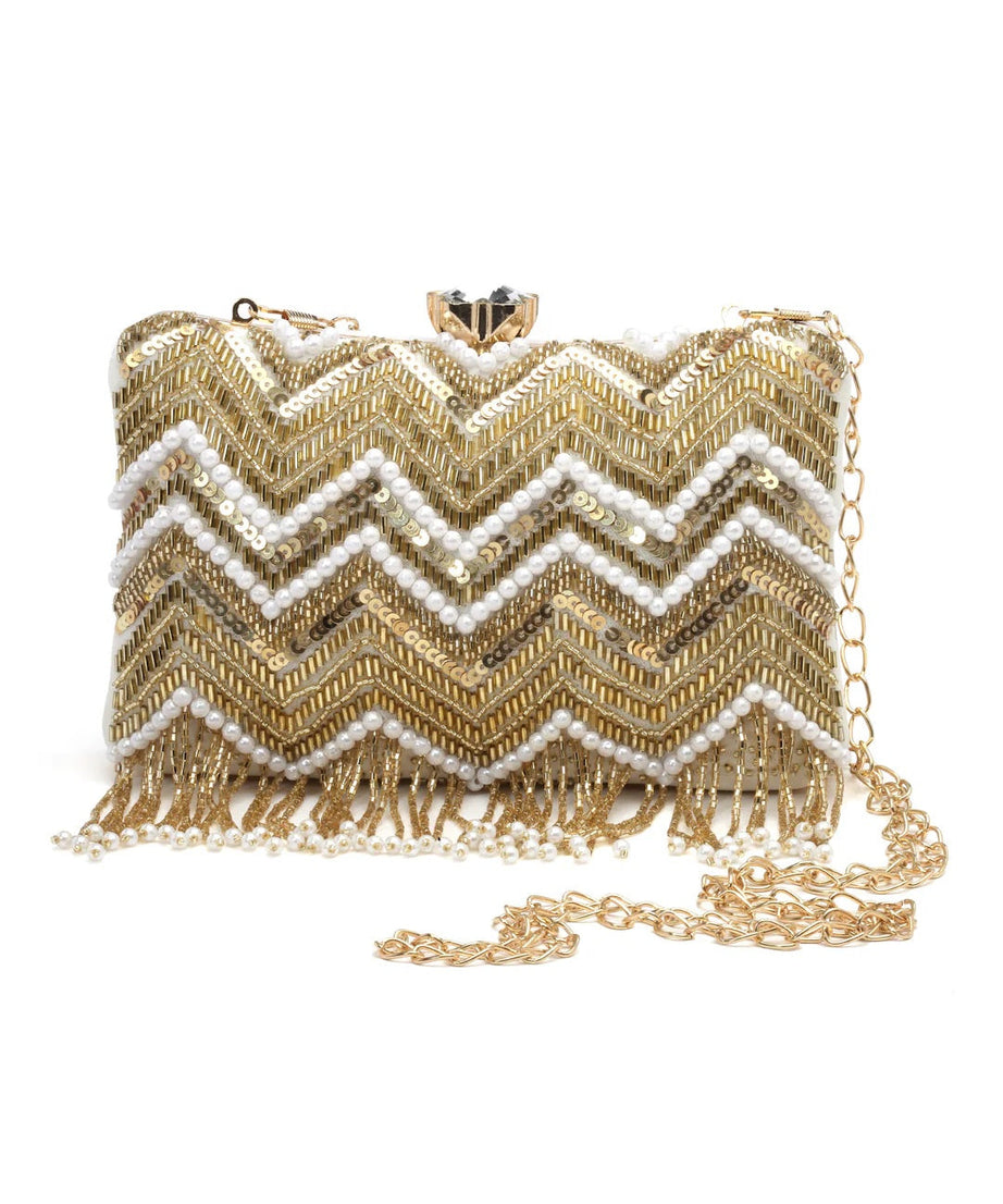 Dangle Chevron Embellished Velvet Clutch