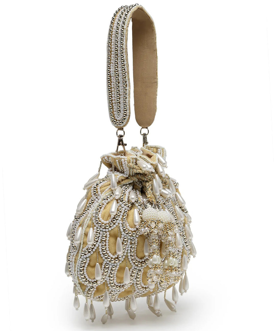 Droop Pearl Embellished Velvet Potli Bag