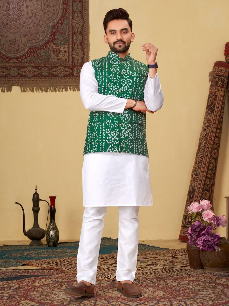 Men's Pure Cotton Bandhni Print Kurta Pajama Set