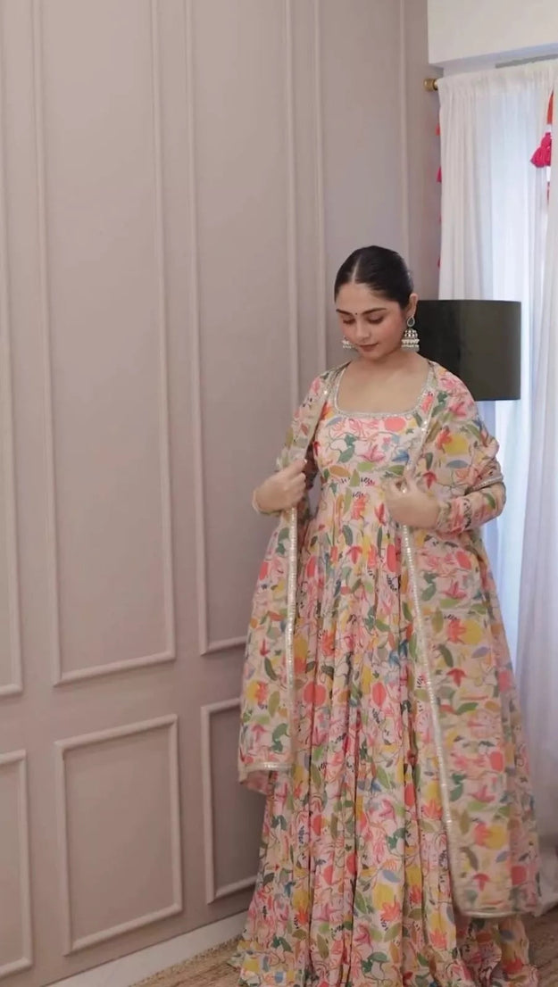 Georgette With Inner  Digital Print Mirror Work Anarkali Suit & Dupatta