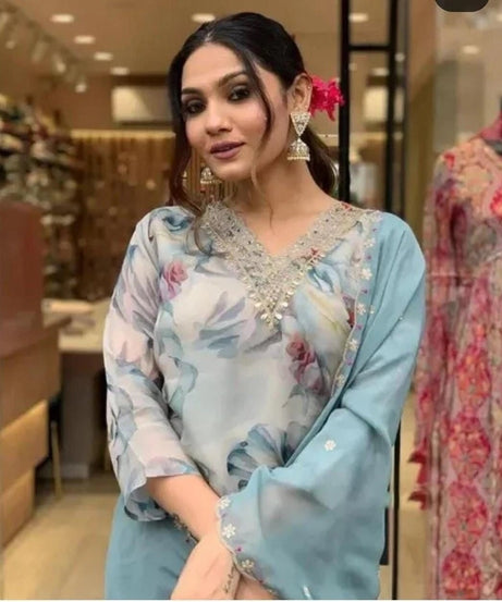 Classic Ethnic Pure Tabby Embroidery Work Kurti Bottom & Dupatta Set