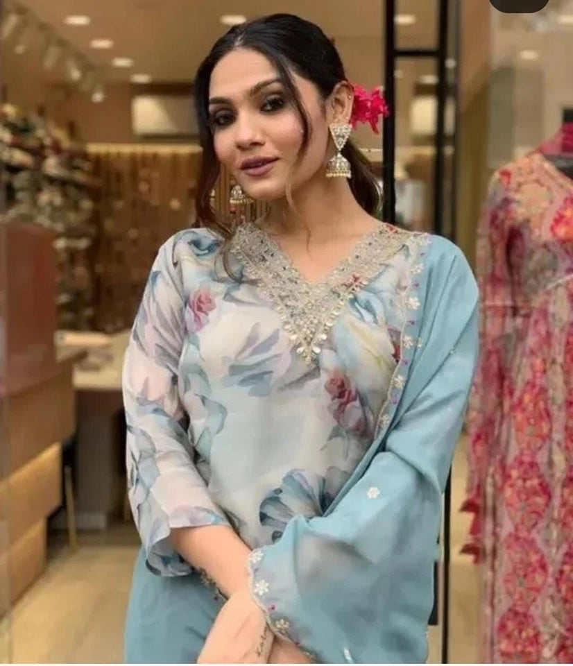 Classic Ethnic Pure Tabby Embroidery Work Kurti Bottom & Dupatta Set