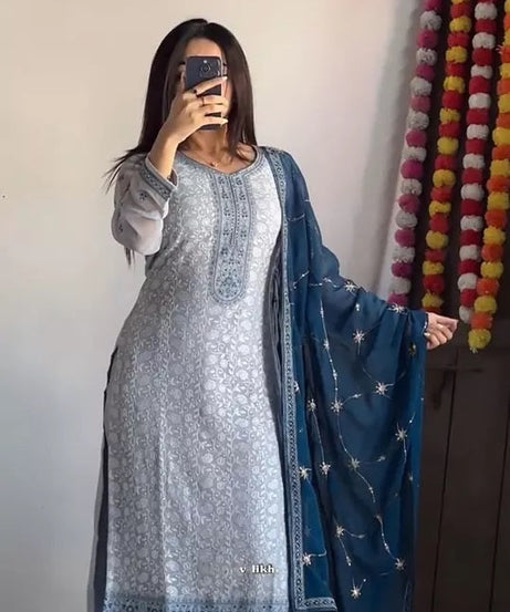 New Festival Stitched Faux Georgette With Embroidery Work Top Pant & Dupatta