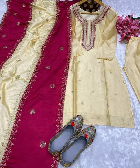 Heavy Pure Chinon Beautiful Traditional Full Stitched Kurti Bottom Dupatta