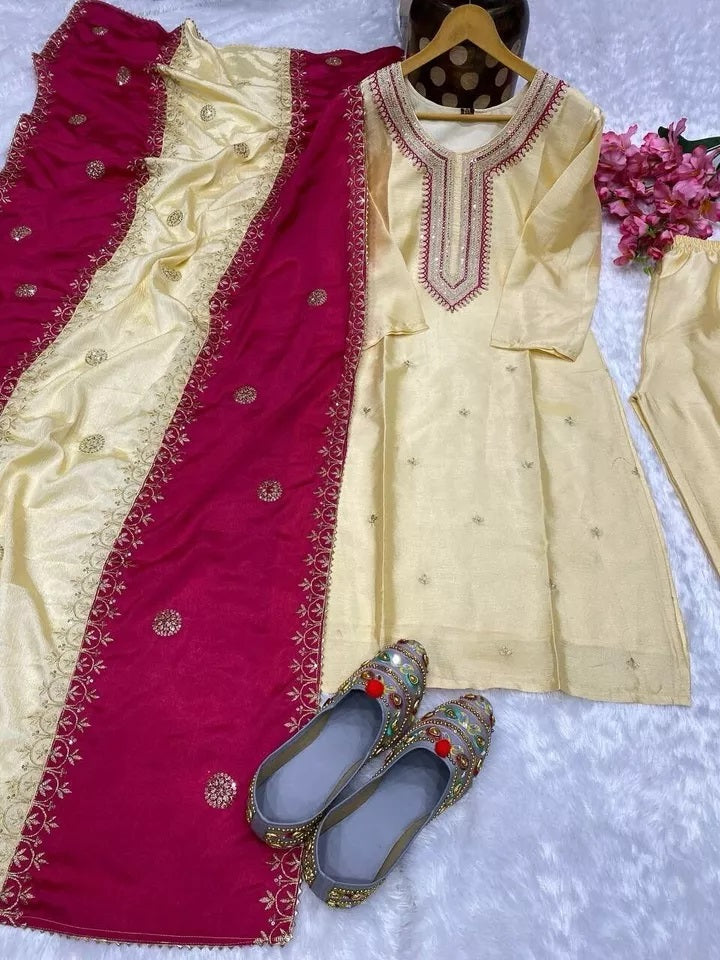 Heavy Pure Chinon Beautiful Traditional Full Stitched Kurti Bottom Dupatta