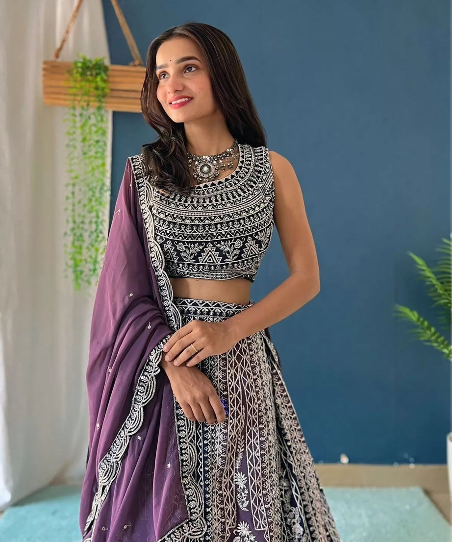 Georgette With Embroidery Sequence Design Work Lehenga Blouse & Dupatta
