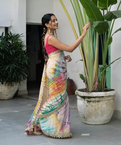 Soft Chinon Silk Printed Designer Sari With Blouse