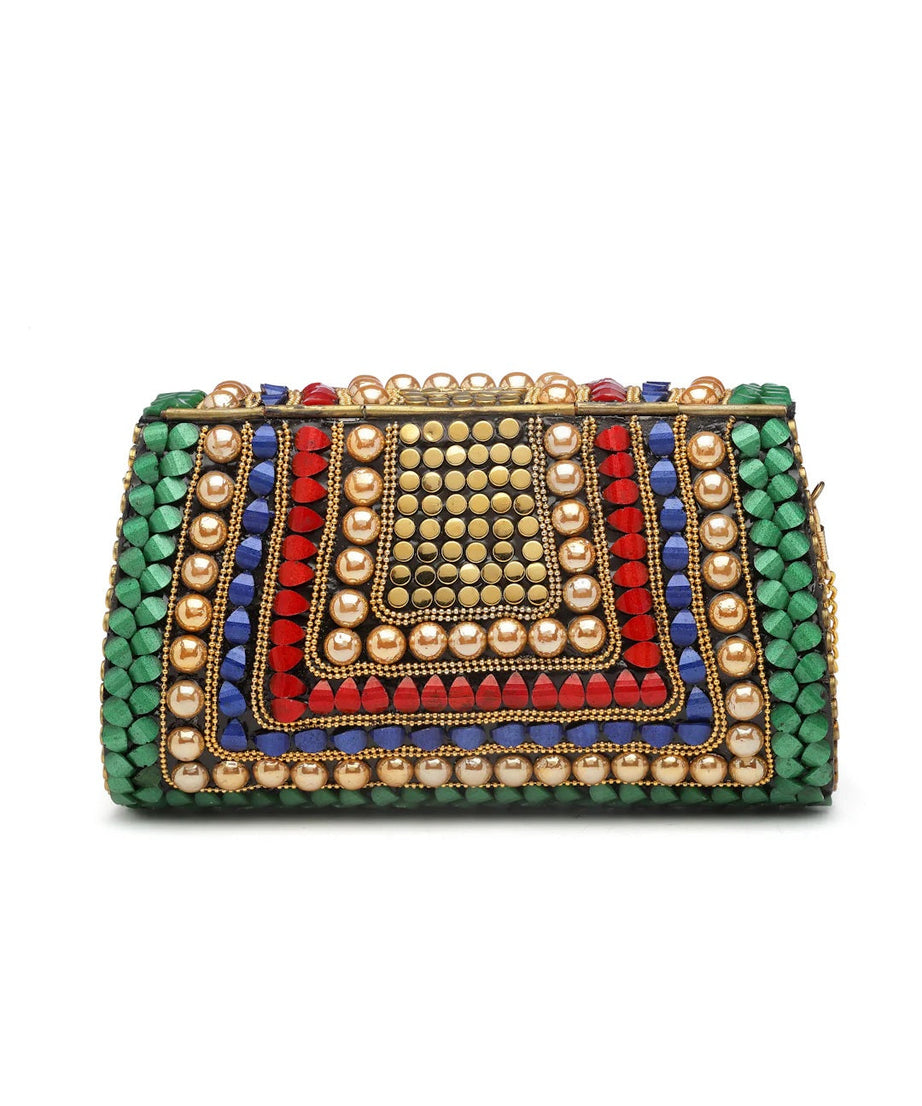 Mosaic Stone Work Embellished Metal Clutch