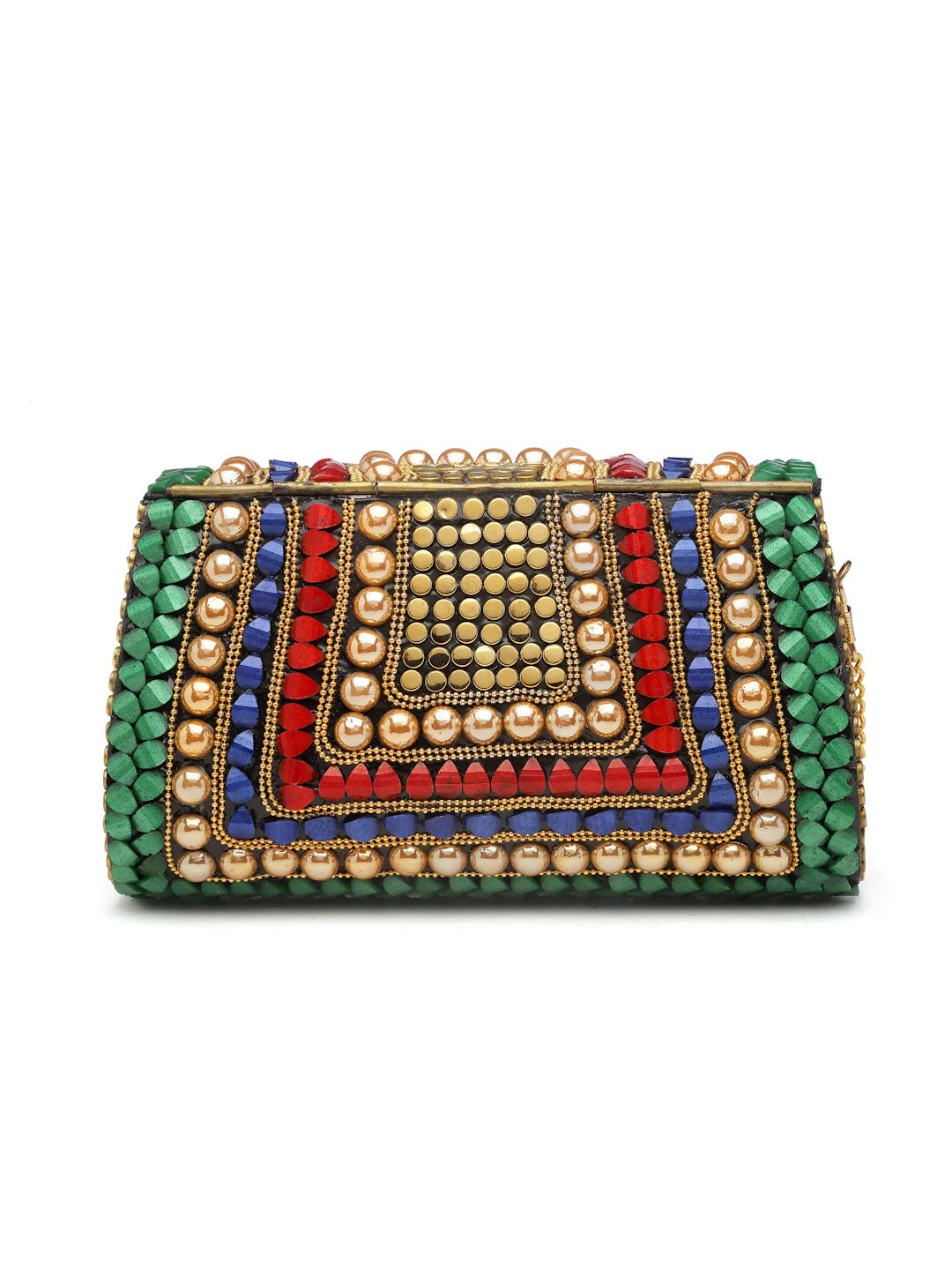 Mosaic Stone Work Embellished Metal Clutch