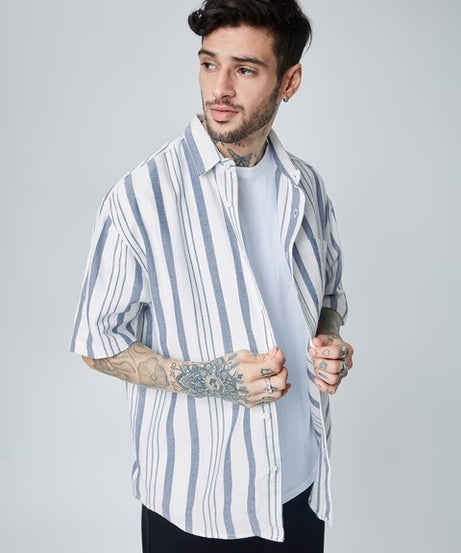 Solids White and Grey Stripes Oversized Shirts