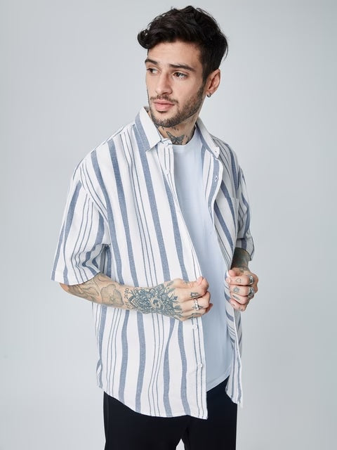 Solids White and Grey Stripes Oversized Shirts